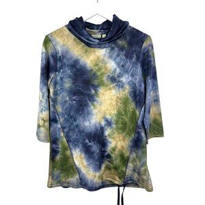 Logo Lounge Shirt Womens XXS Blue Tan Tie Dye 3/4 Sleeve Cowl Neck Blouse Casual